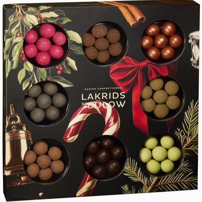 Lakrids by Johan chocolate assortment in a decorative box with festive design.